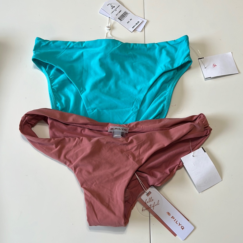 Pilyq Bikini Bottom Bundle Pink Ruched Teal High Waist Size M